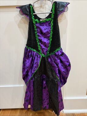Girls Purple & Black Witch Costume Dress with Green Trim